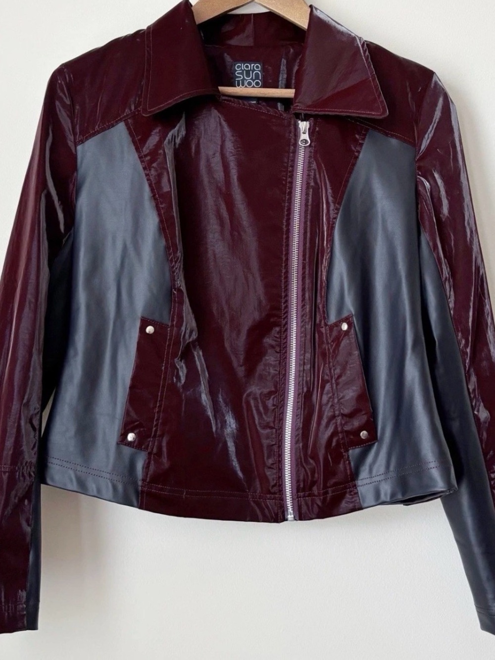 Vinyl - Liquid Leather™ Panel Zip Cuff Pocket Jacket - Mulberry